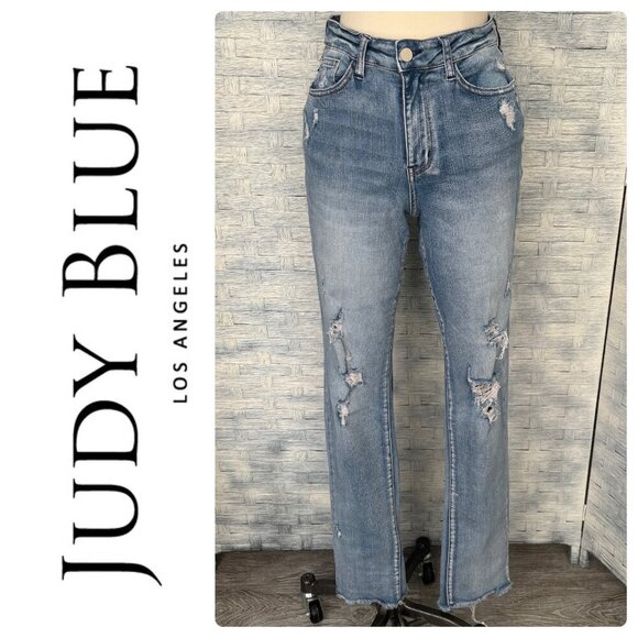 Judy‎ Blue Jeans Boyfriend Fit Light Wash High Waist Distressed Raw Hem sz 5/27 - Picture 1 of 11